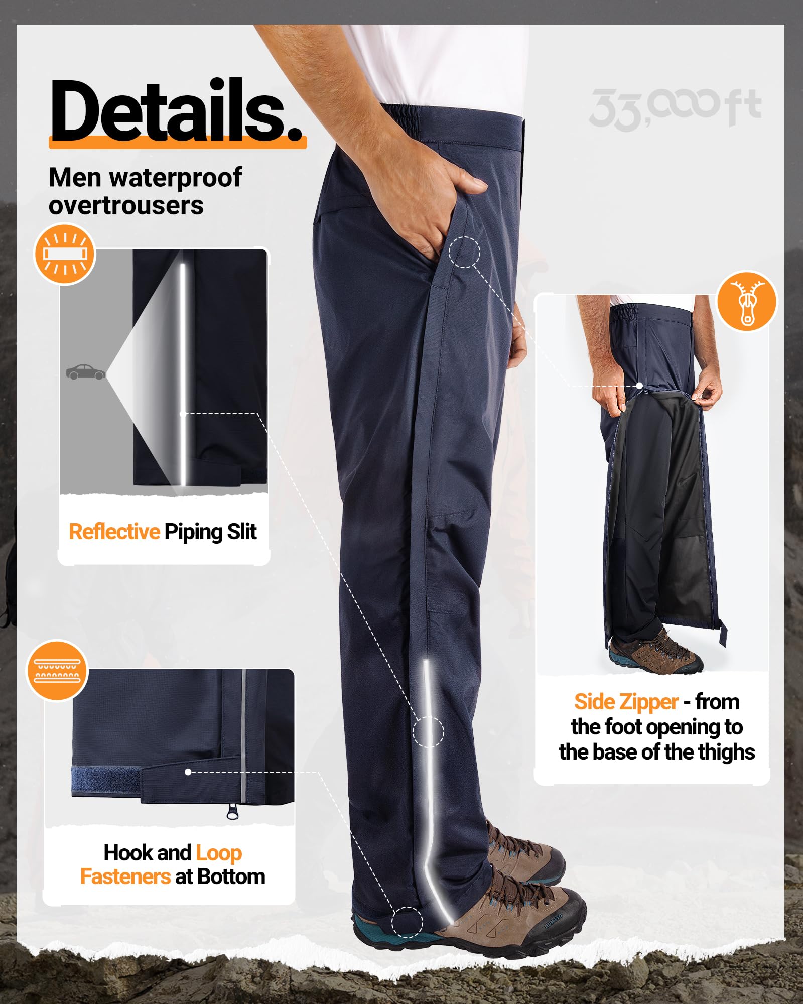 33,000ft Pantalon de pluie pour homme avec fermeture éclair intégrale, imperméable, respirant, pour randonnée, golf, travail