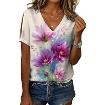 Business Casual Tops for Women Vintage Floral Printed V-Neck Short Sleeve Linen Blend Button Down Boho Summer T Shirts