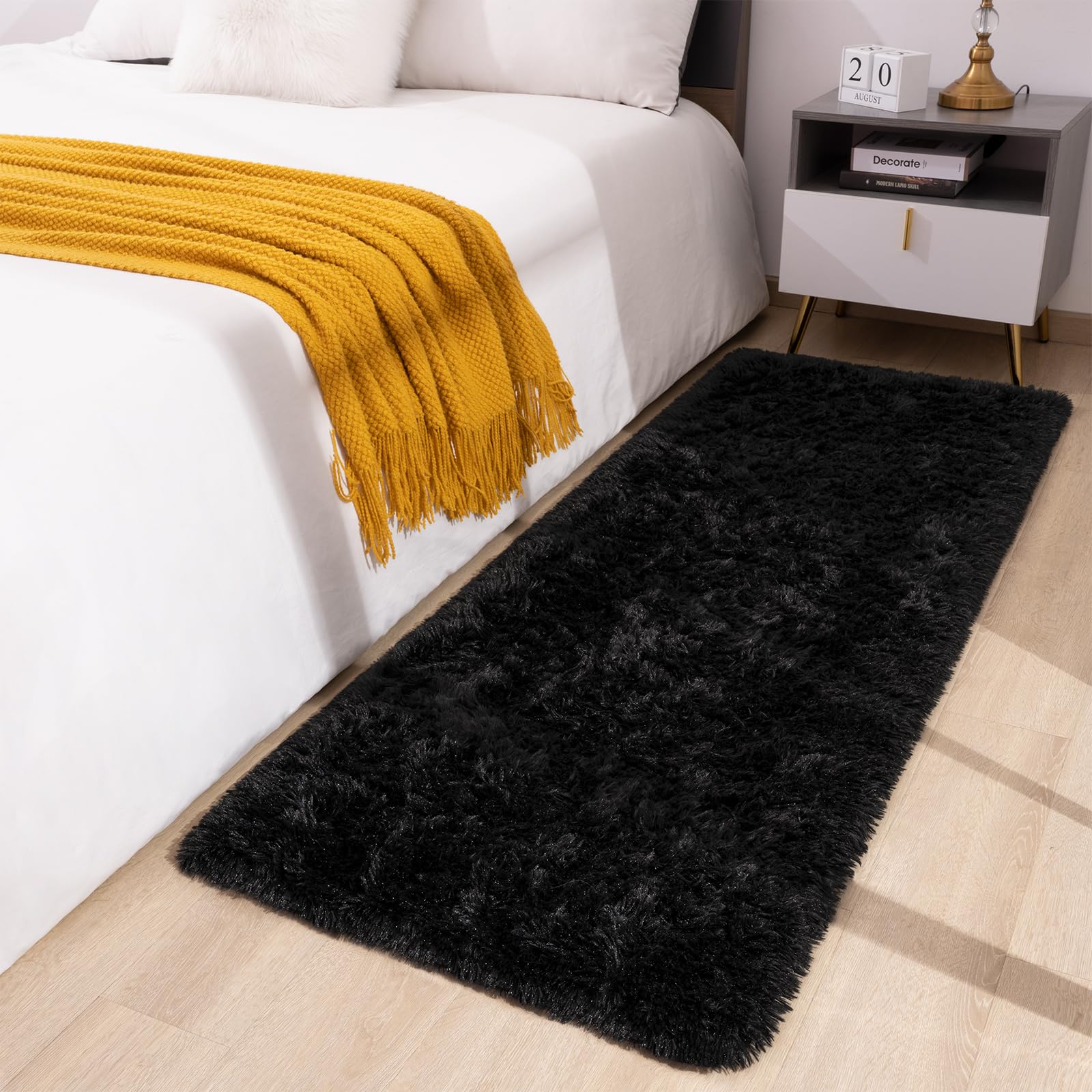 Toneed Fluffy Runner Rug for Bedroom Living Room, 2 x 6 Feet Black Shaggy Rug Super Soft Modern Indoor Area Rug Fuzzy Plush Carpet for Dorm Nursery Kids Room Home Decorative