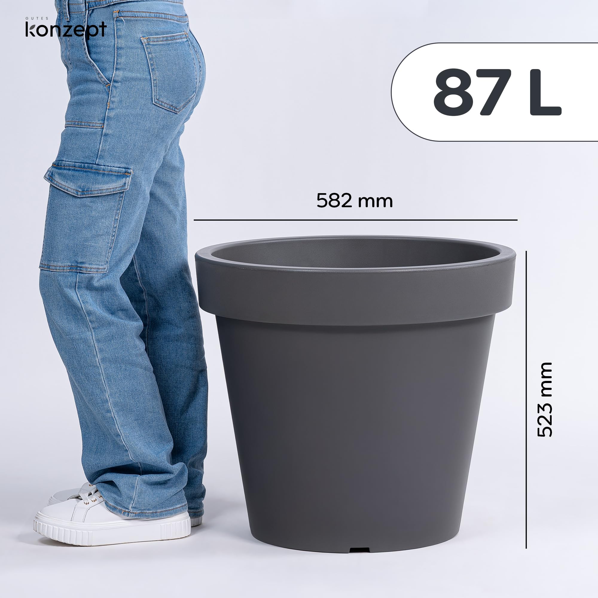 KONZEPT Pot de fleurs de 58 cm de diamètre, 52 cm de hauteur - Grand pot extérieur de 87 l de forme conique, robuste et stable, en plastique, résistant aux UV et au gel, pour intérieur et extérieur