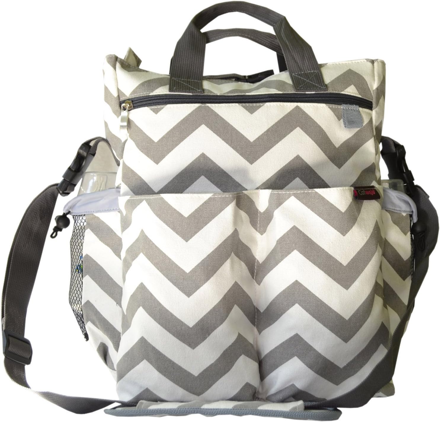 Catwald Chevron and White Canvas Design Polyester Cotton Diaper Bag with Adjustable Stroller Strap and 11 Pockets