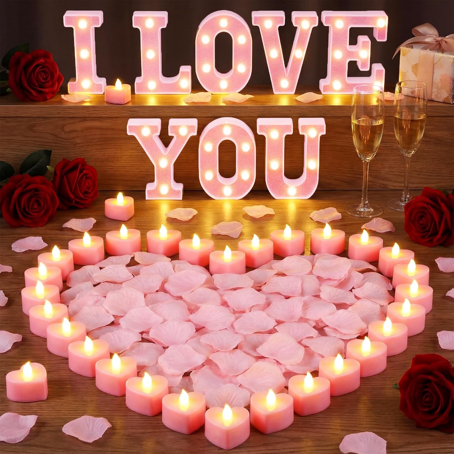 I Love You Light up Letters Sign with 24 LED Heart Flameless Candles 2000 Fake Rose Petals Proposal Decorations Romantic Special Night for Valentine's Day Wedding Engagement(Pink)