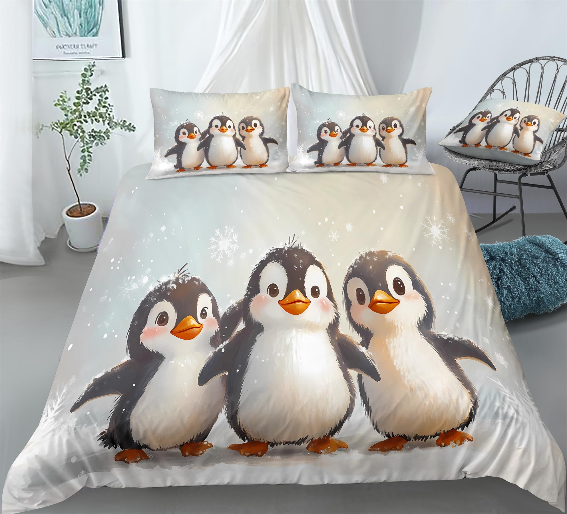 REALIN Cute Penguin Ice Skaters Duvet Cover Set Snow Penguins Arctic Animal Bedding Girl Boy Kids Bed Sets 3/4PCS Quilt Covers/Sheets/Pillow Shams,Twin/Full/Queen/King (A,Full-200x229cm-3PCS)
