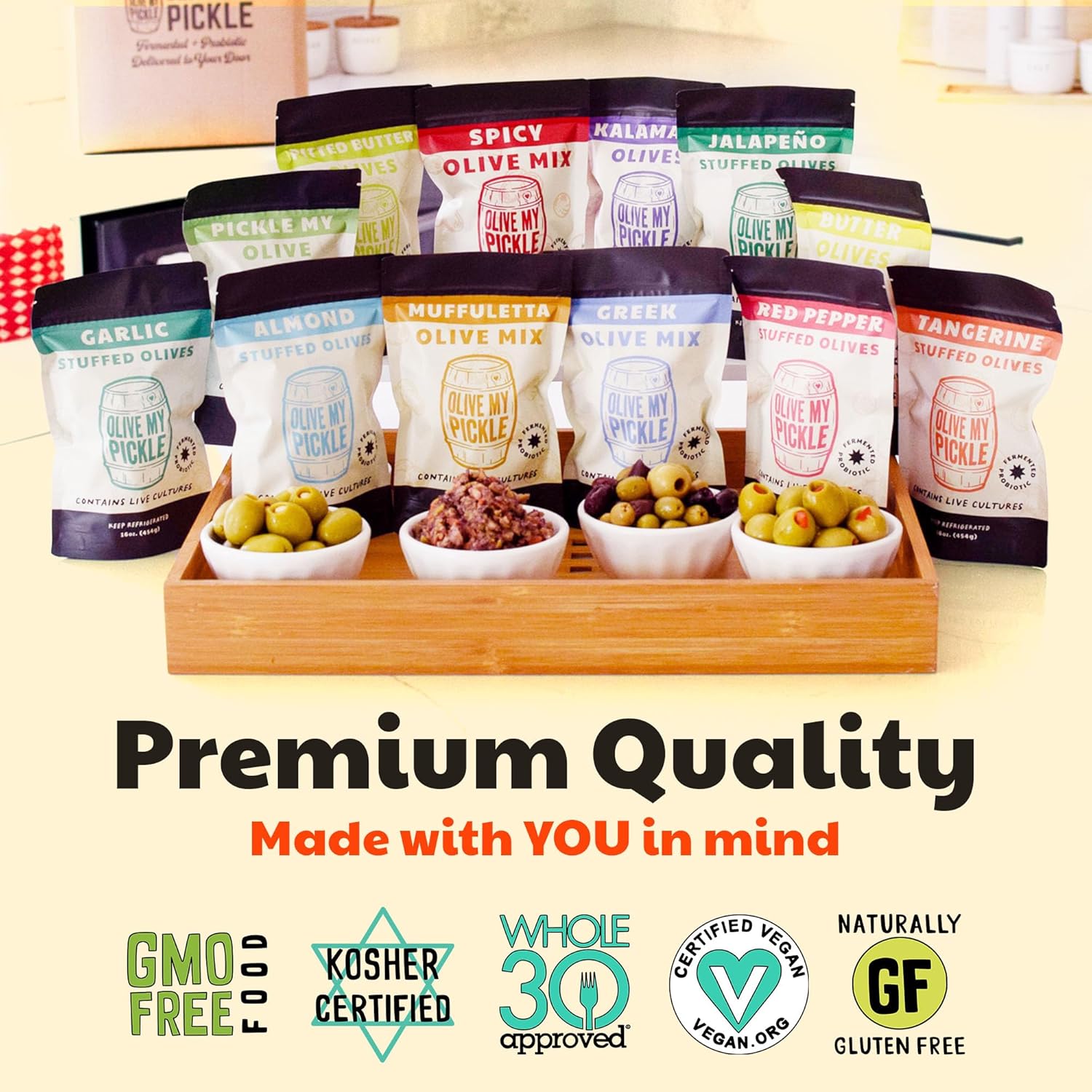 Olive My Pickle Live Culture Probiotic Mixed Olives - 6 Pack Olives Individual Packs of Butter Green Pitted Olives, Red Pepper & Garlic Stuffed Green Olives, Greek Olives Mix, Muffuletta Olive Salad