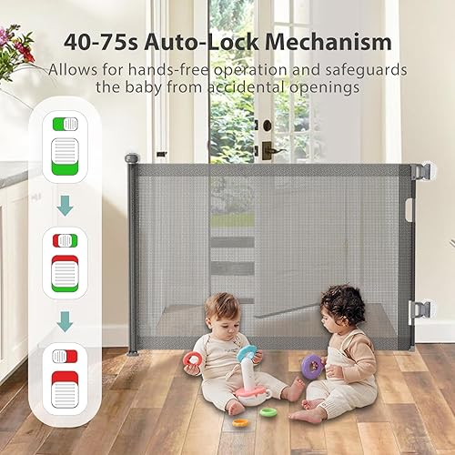 Miniatura 4 de Puertas retráctiles sin taladrar para escaleras con bloqueo automático, 33 pulgadas de alto, se extiende hasta 55 pulgadas de ancho de malla para