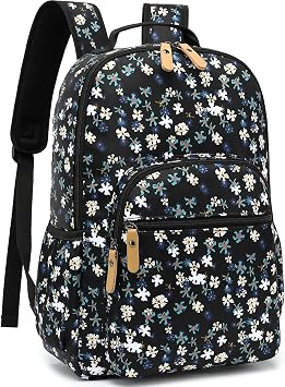 Leaper Water-resistant Floral Laptop Backpack Travel Bag Bookbags Satchel Black-White Flower
