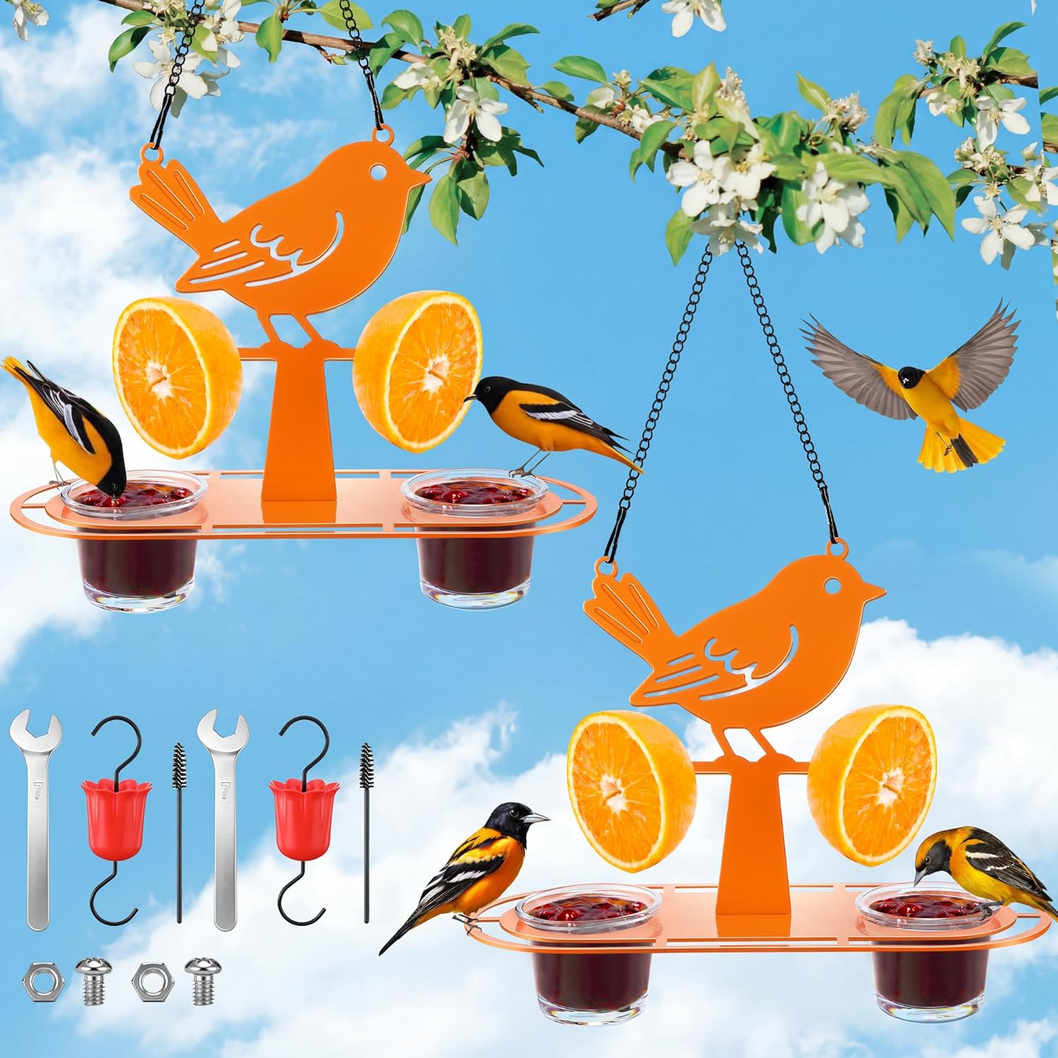 2 Pack Oriole Feeder for Outdoors with Built in Ant Moat, Metal Bird Feeder with 2 Jelly Cup & Orange Holder, Bright Orange Hanging Oriole Feeders for Backyard