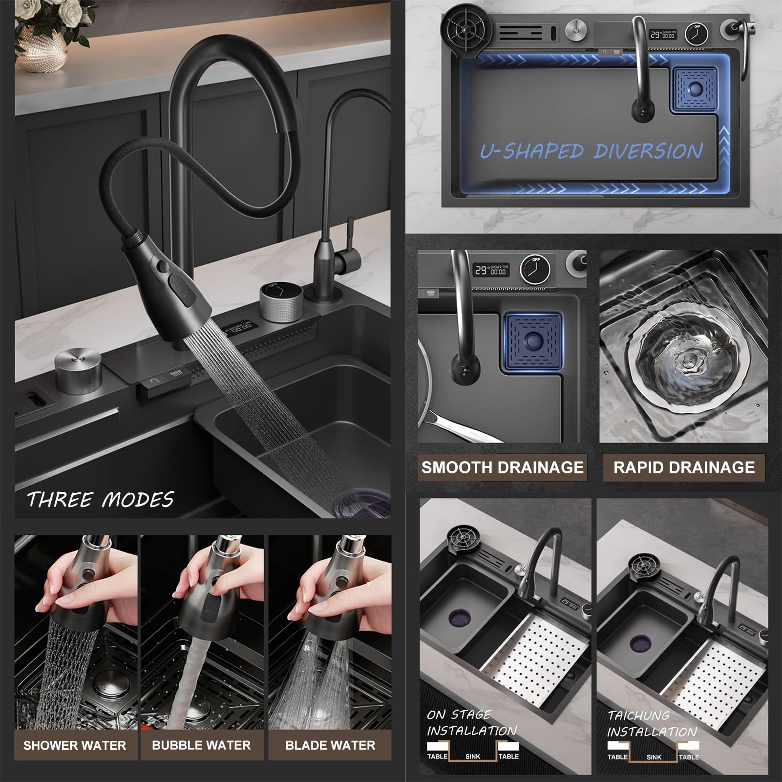 Nano Waterfall Sink Zlewozmywak kuchenny ze stali nierdzewnej 304, domowy, do warzyw, pojedynczy, zlew barowy, z wyciąganym kranem, myjka do kubków, kolor: A; wymiary: 75 x 46 cm