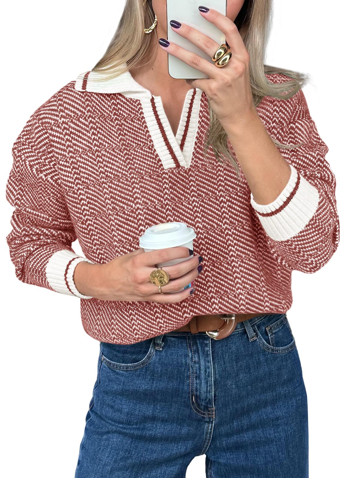 Saodimallsu Womens Fall Sweaters Tops Lapel V Neck Knit Sweater Color Block Long Sleeve Casual Soft Pullover Shirt