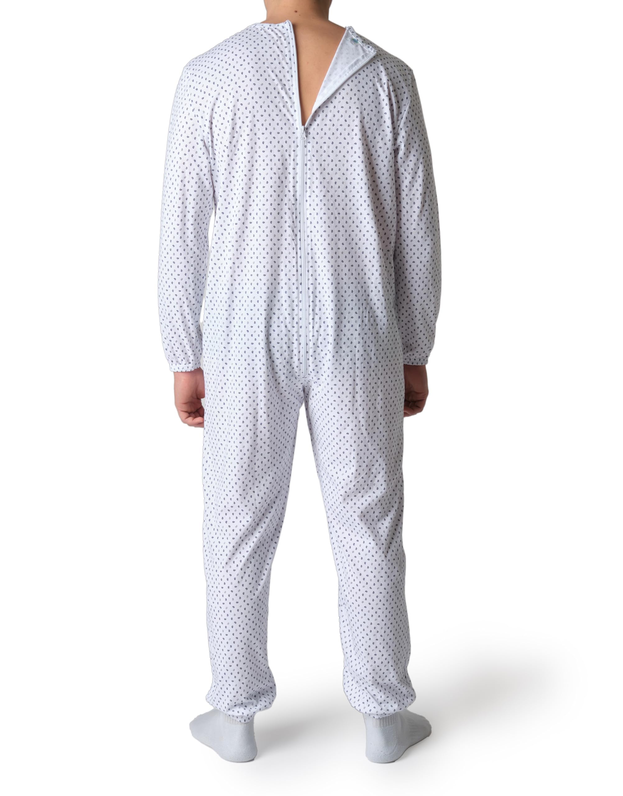 Pyjama sanitaire pour personnes âgées en coton d'été avec fermeture éclair arrière - Tuton pour personnes âgées avec Alzheimer ou Incontinence Made Italy - paisley bleu et gris