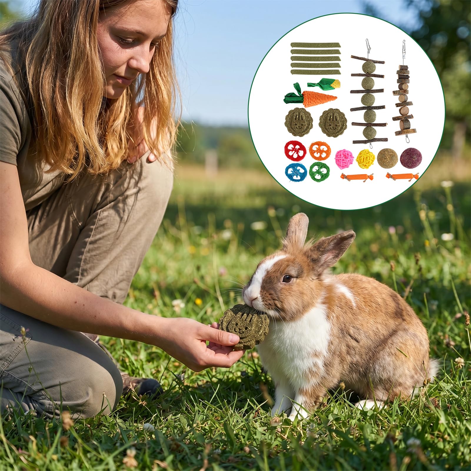 Juego de 21 juguetes de conejo, juguete natural para conejos de indias, hámster, chinchillas, palillos de madera de manzana para animales pequeños, cuidado dental — view 6