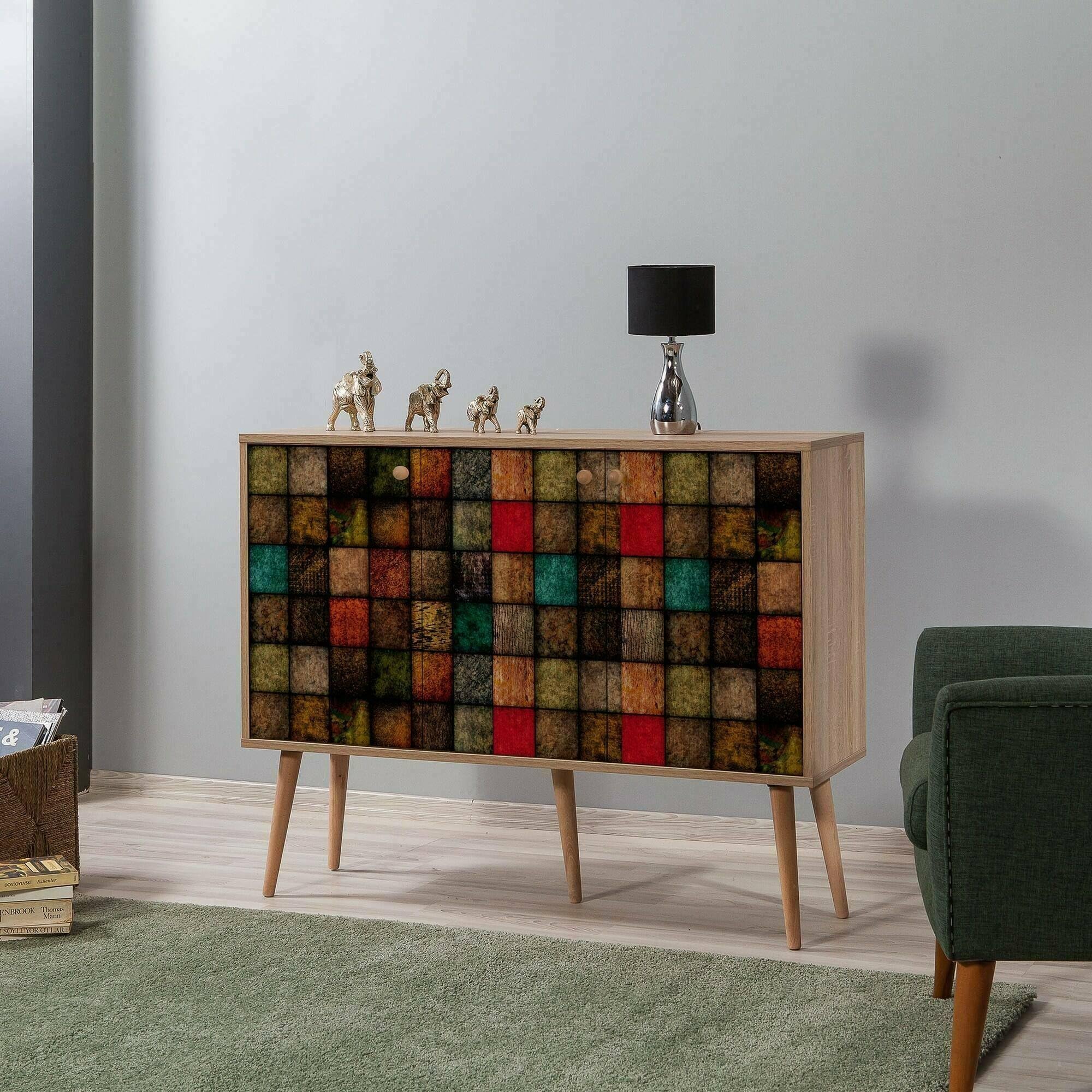 Dmora - Credenza Nunki, Buffet da soggiorno, Madia da salotto, Dispensa da cucina, 120x36h90 cm, Quercia e Multicolore