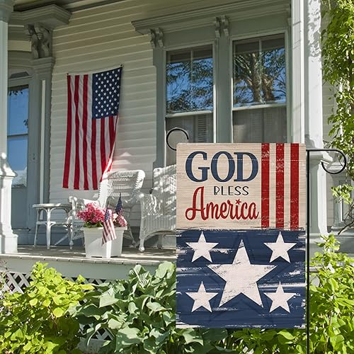 Miniatura 5 de Hzppyz Bandera patriótica de jardín con texto en inglés God Bless America del 4 de julio, de doble cara, diseño de estrellas y rayas de Estados