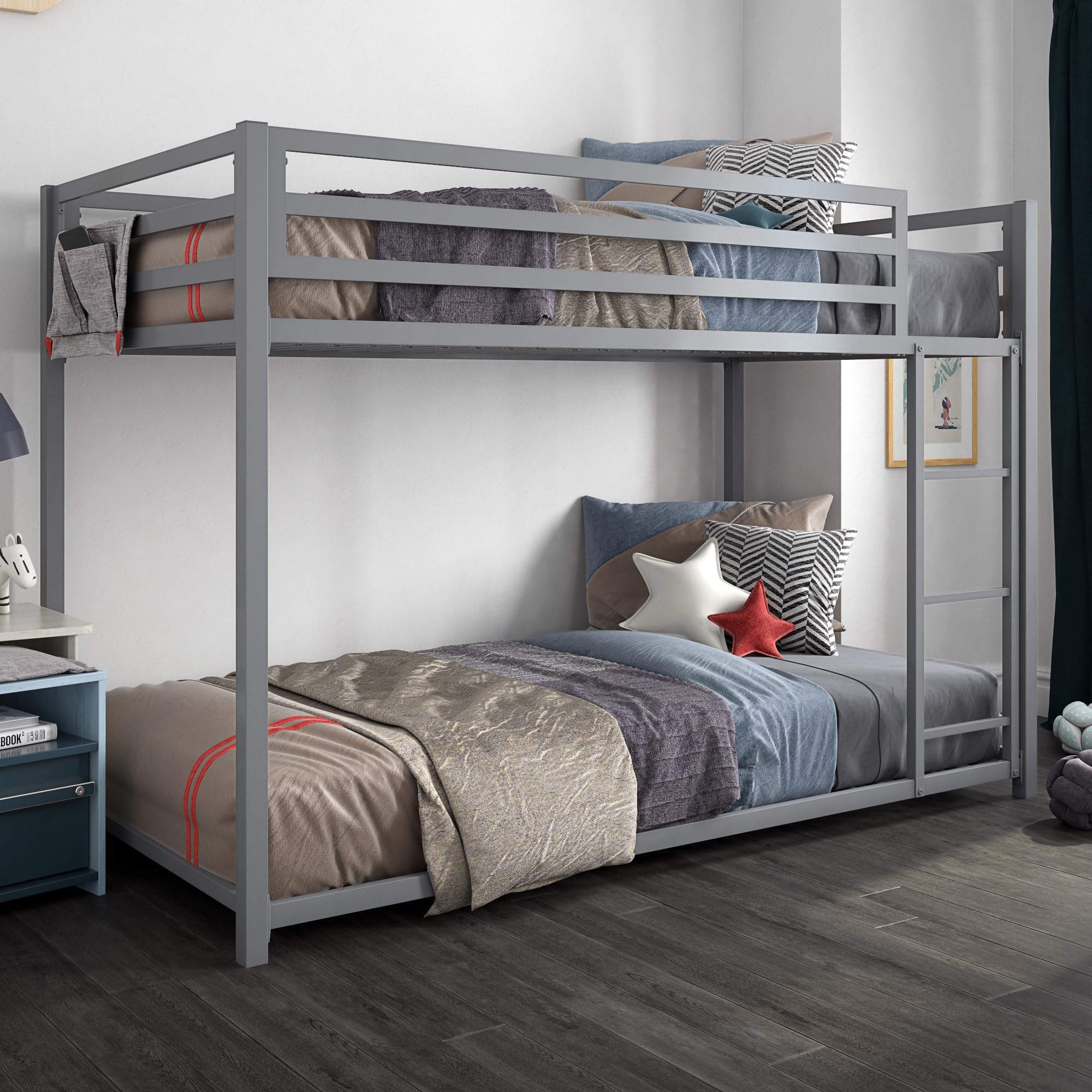 DHPMiles Low Metal Bunk Bed Frame for Kids, With Built-in Ladder, High Guardrail and Metal Slats, Floor Bed Bottom Bunk, No Boxspring Required, For Small Spaces, Twin-Over-Twin, Silver