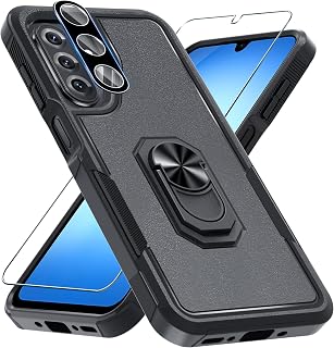 Designed for Samsung Galaxy A17 5G Case Built in Metal Ring Holder | Tempered Glass Screen Protector+Camera Lens Protector,Heavy Duty Full Body Phone Cover Built in Kickstand,Black Matte
