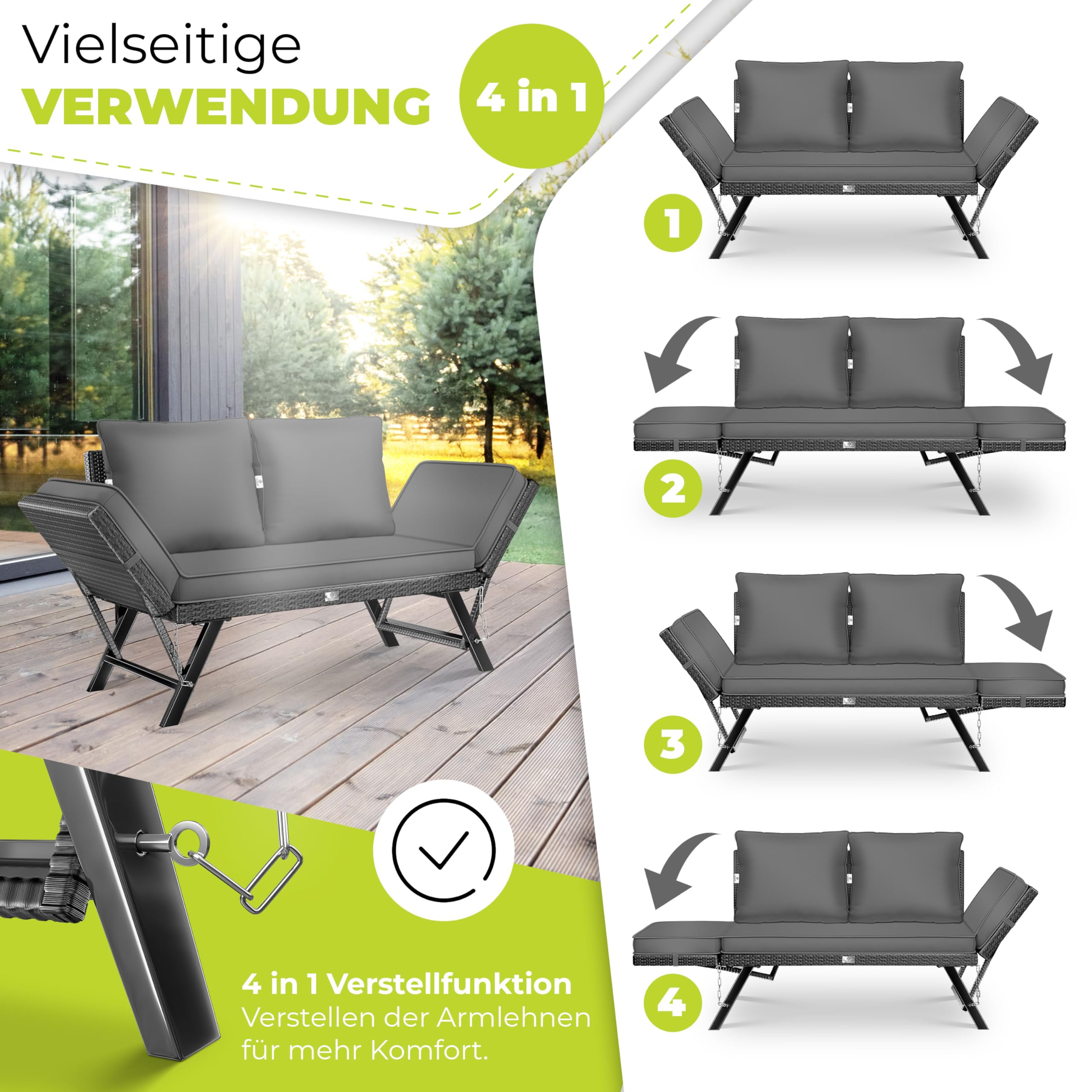 KESSER® Gartenbank Polyrattan Luna mit Liegefunktion Gartensofa 4 in 1 Verstellfunktion Gartencouch Wetterfest Balkonsofa Verstellbare Armlehnen, Extra Dicke & Weiche Polsterung Garten/Balkon/Terrasse