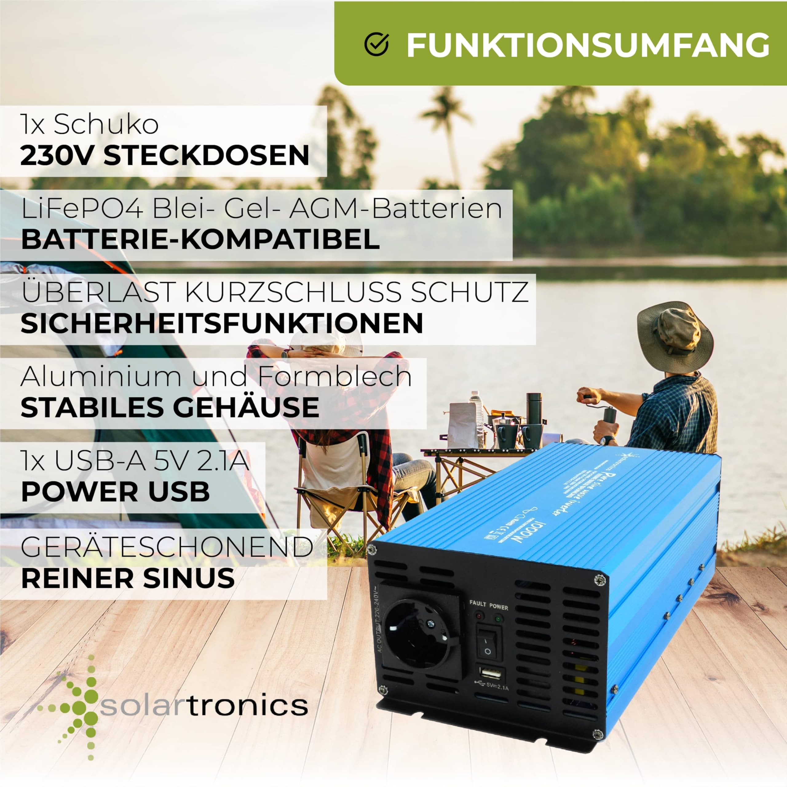 SOLARTRONICS TS1000 Spannungswandler 24V 230V 1000/2000 Watt Reiner Sinus blau Solar Inverter 24V auf 220V Wechselrichter Umrichter USB AC Steckdose