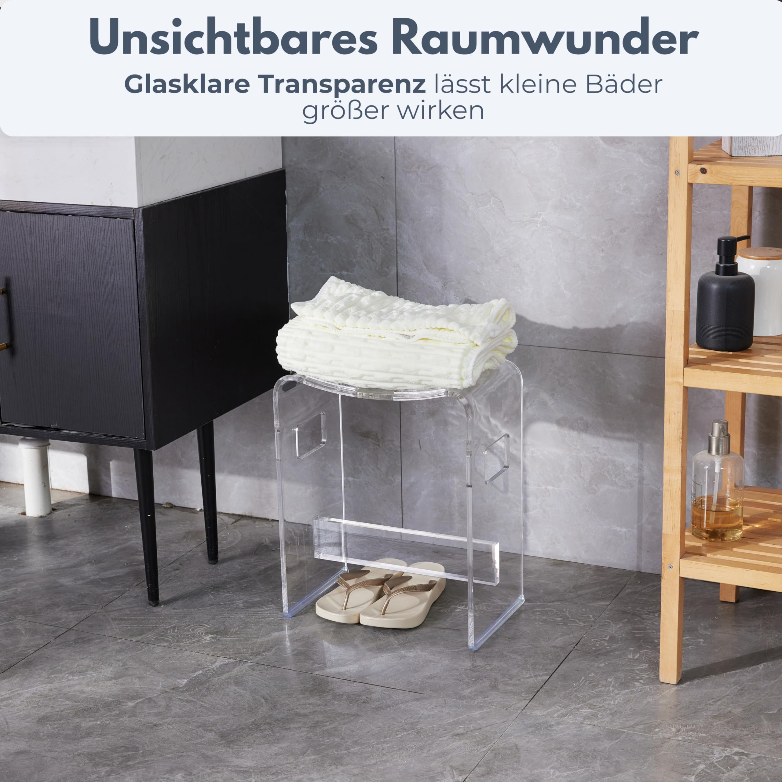 StarK Duschhocker modern aus klarem Acryl – Stabiler Duschstuhl bis 120 kg belastbar | Design Badhocker mit Ablauf-Schlitzen & Griffen | rutschfest, hochwertig & ideal für Dusche
