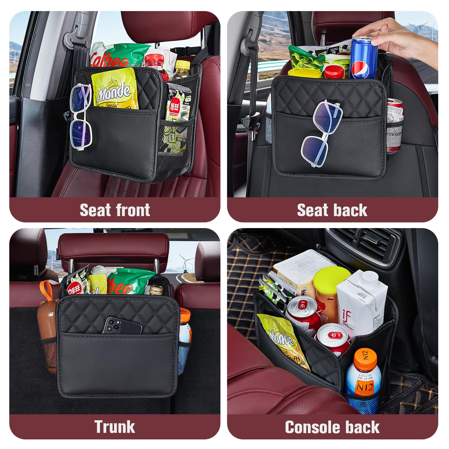LUNYI - Organizador de asiento de automóvil, paquete de 2 organizadores de asiento trasero de automóvil impermeables de piel sintética y bolsa de almacenamiento, organizadores plegables universales