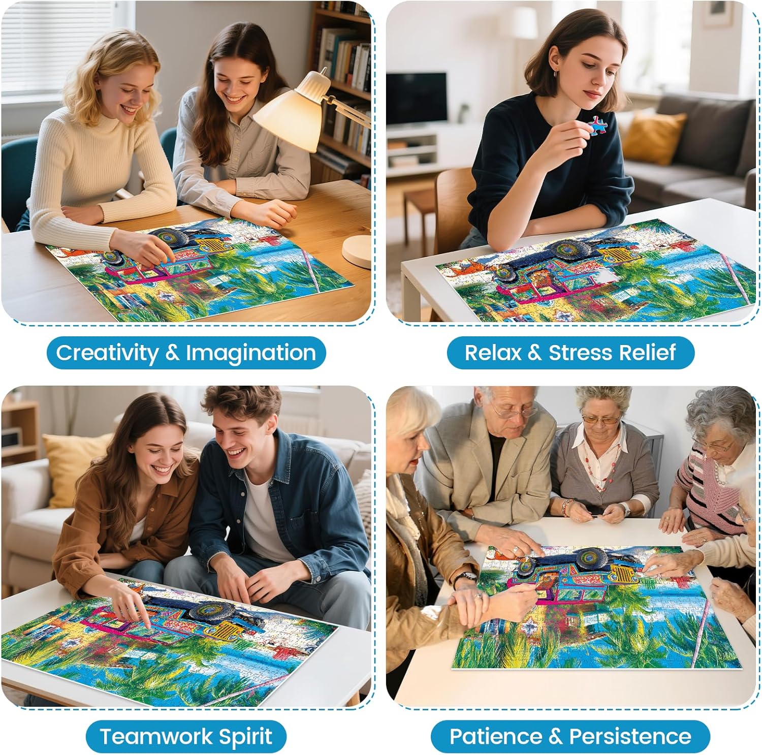 500 Piece Puzzles for Adults,Summer Beach Vacation Puzzle for Teens Adults Seniors, Palm Trees Ocean Dogs Jigsaw Puzzle 500 Pieces, Car Travel Puzzle with Letters on Back,Challenging Family Game Gifts