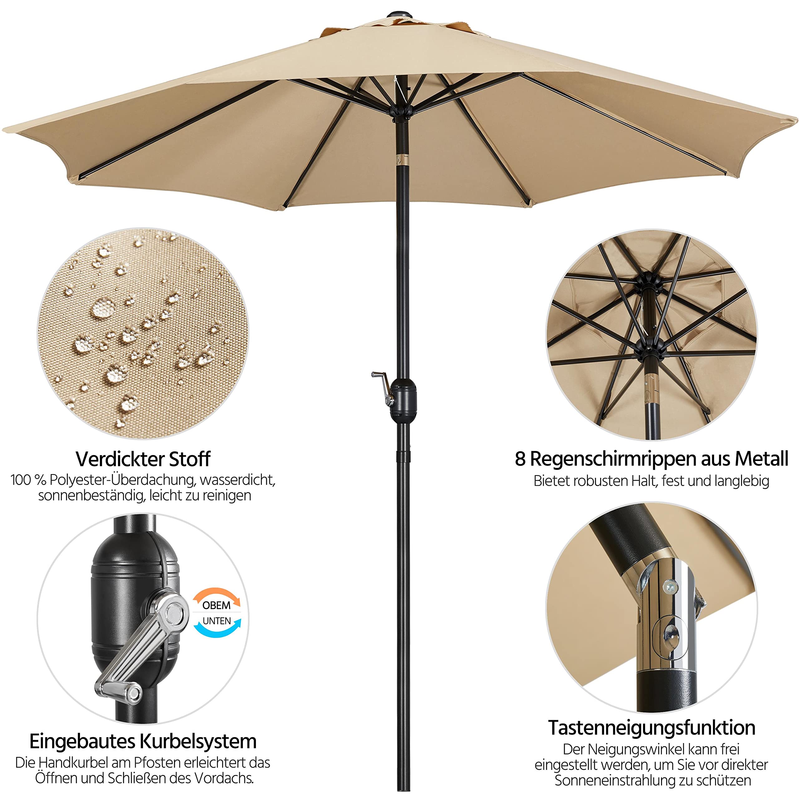 Yaheetech Parasol przeciwsłoneczny, okrągły, 270 cm, składany, z korbą, ochrona przed promieniowaniem UV UPF 50+, opalany