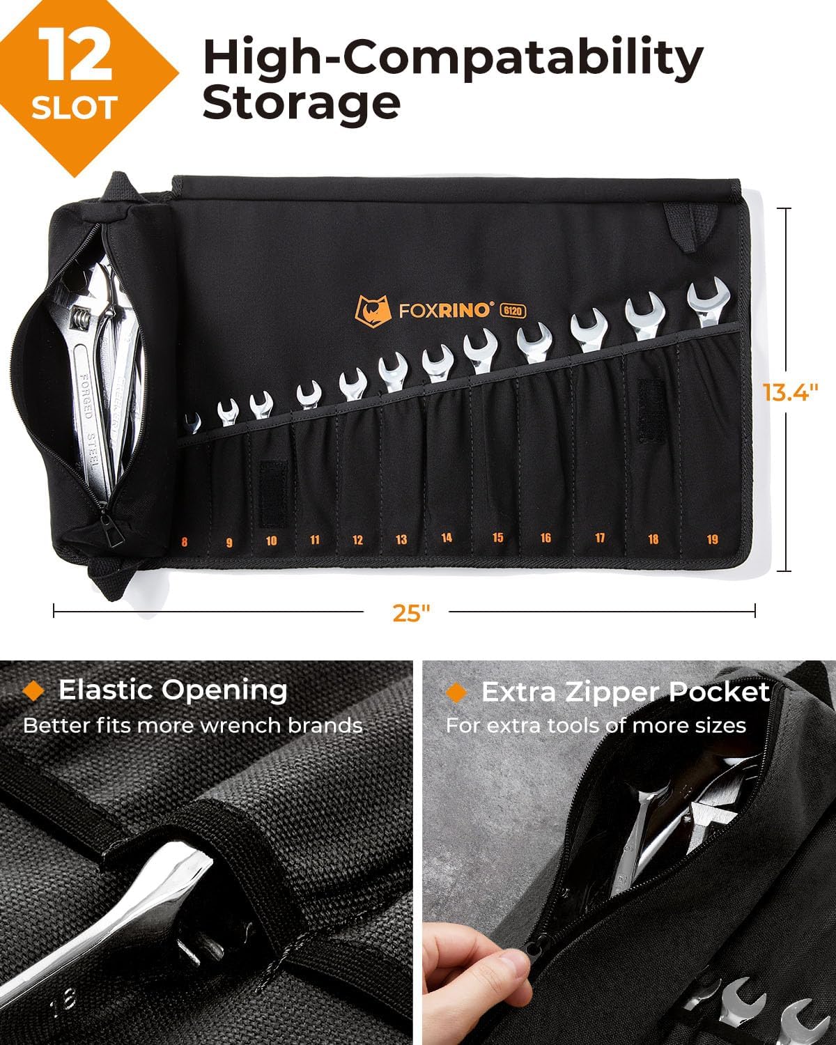 Foxrino Wrench Roll, Wrench Roll Up Pouch, 12-Pocket Heavy Duty Canvas Wrench Organizer Bag for Metric Combination Wrenches, Portable Tool Roll Bag, Gifts for Men for Fathers Day(Black, 12+1 Metric) image 2