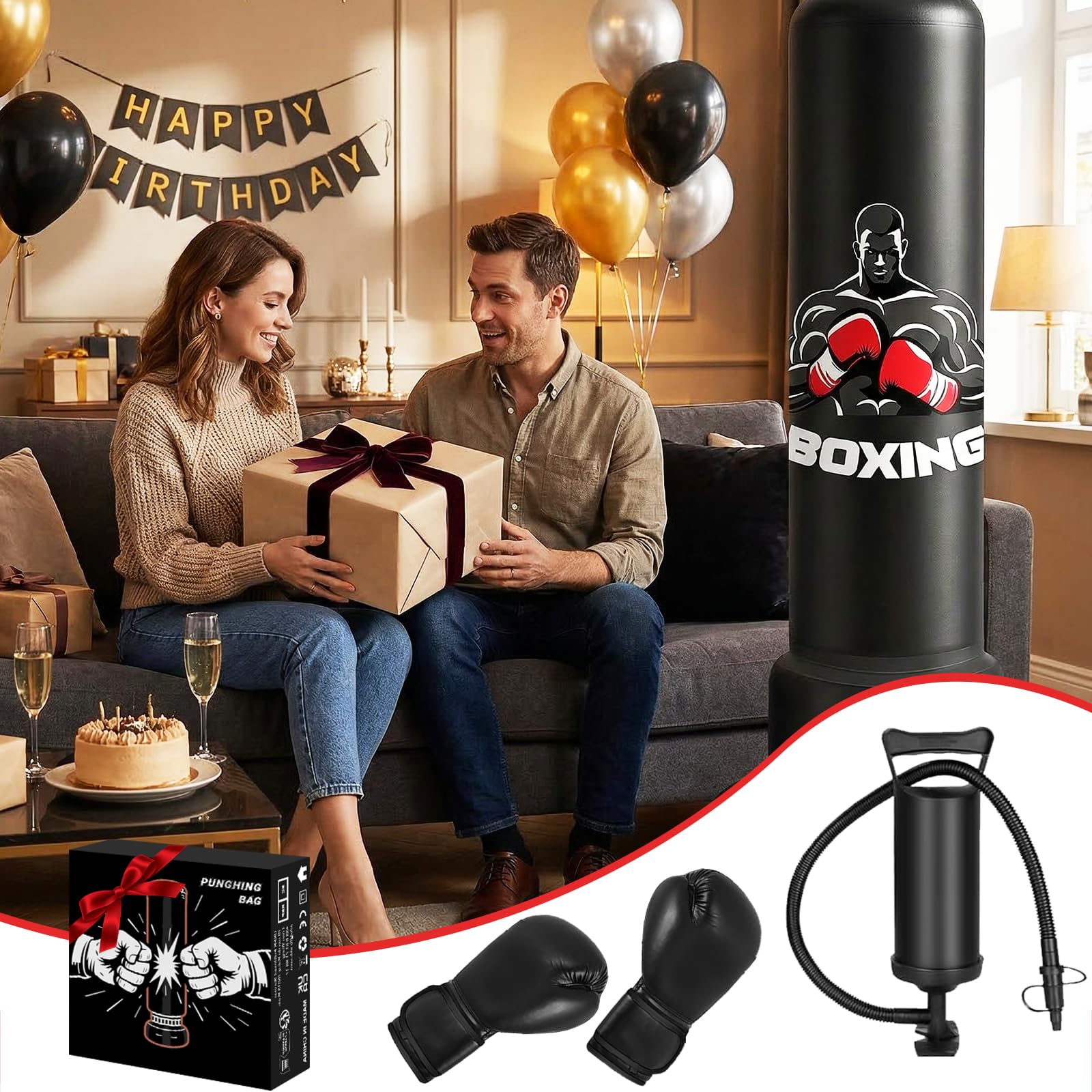 Sacco da Boxe Autoportante 180 cm, in PVC Rinforzato da 0.35mm Gonfiabile con Guantoni e Pompa Ideale per Adulti, Giovani, Arti Marziali, Fitness
