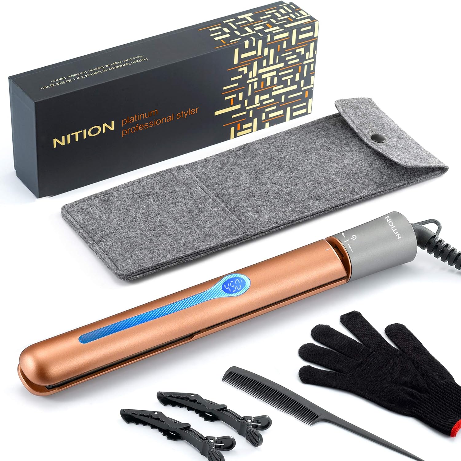 NITION Ceramic Tourmaline Hair Straighteners LCD Flat Iron MCH 10s Fast Heating Up. 1″ Smooth 3D Floating Plate Healthy Straightening Tools. Travel Pouch Bag. Dual Voltage. Luxury Gift Box