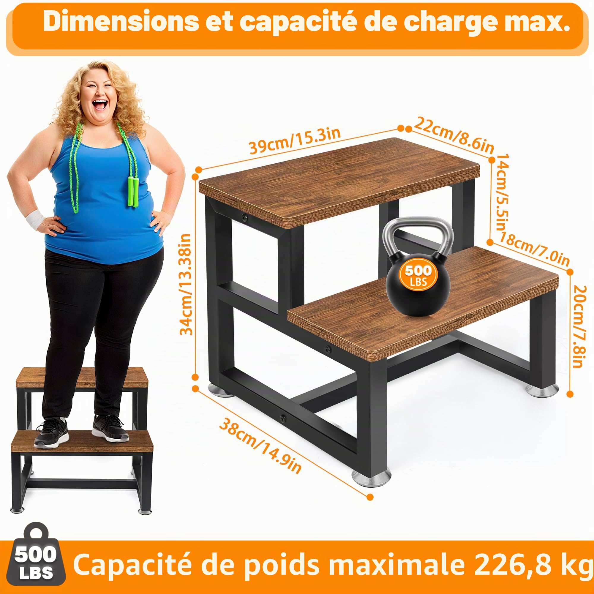 Marchepied pour enfant 2 marches cadre en métal lourd repose-pieds en bois stable 100 kg