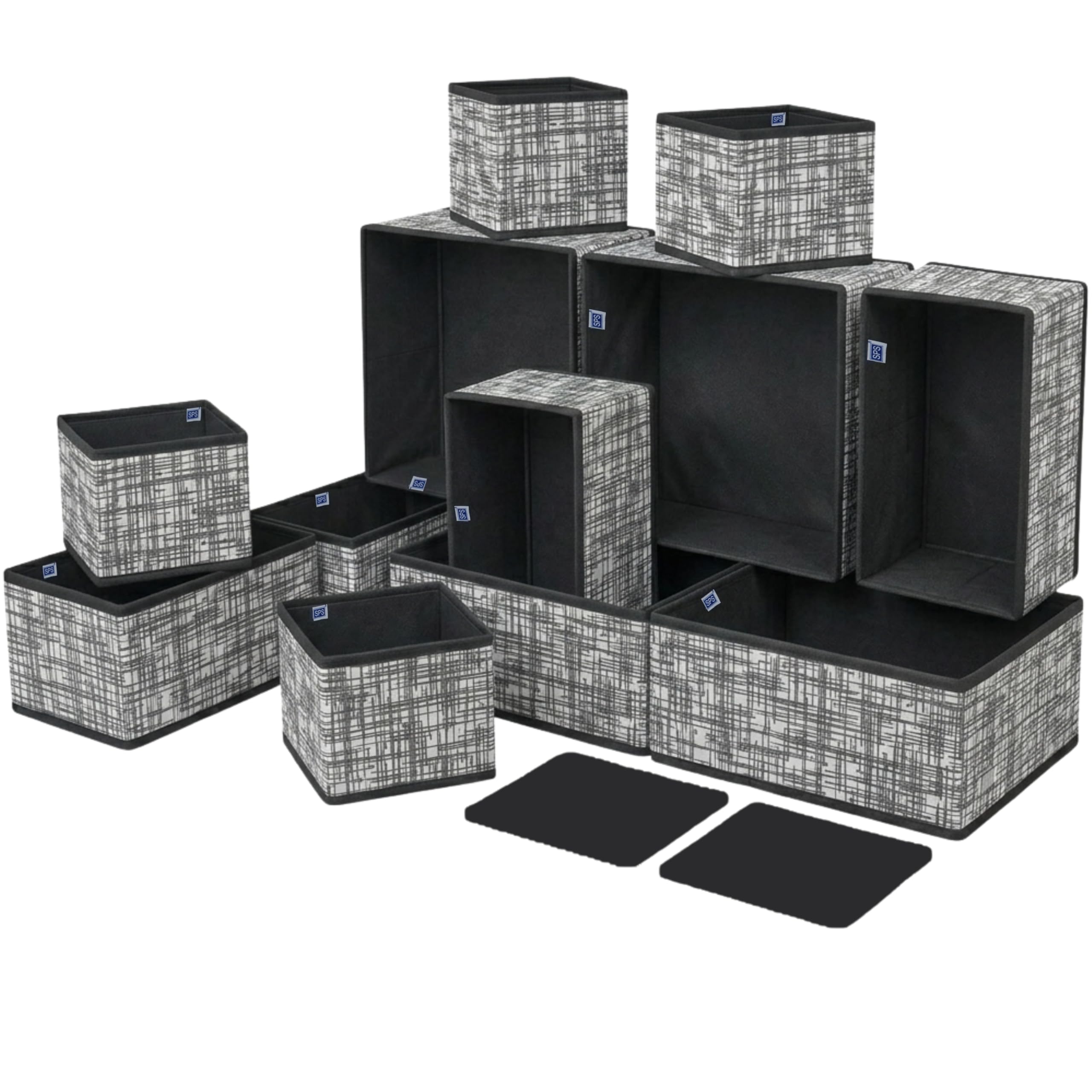 Skrill 12-Piece Foldable Cloth Storage Box Set | Odourless Cube Baskets, Bins & Dividers for Closet & Dresser Drawer Organization - Black Checks