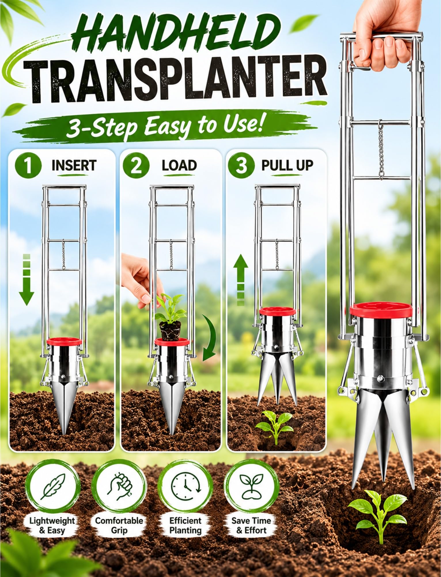 Strumento for piantare bulbi a manico lungo, trapiantatrice for piantine a 3 aperture, creatore manuale di fori da giardino in acciaio inossidabile for letti di verdure(3 in/7.6 cm,7.9 in/20 cm)