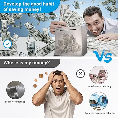 Miniatura 46 de Alcancía para adultos, hucha segura hecha de acero inoxidable, solo puede salvar la alcancía que no se puede sacar (7.9 pulgadas)