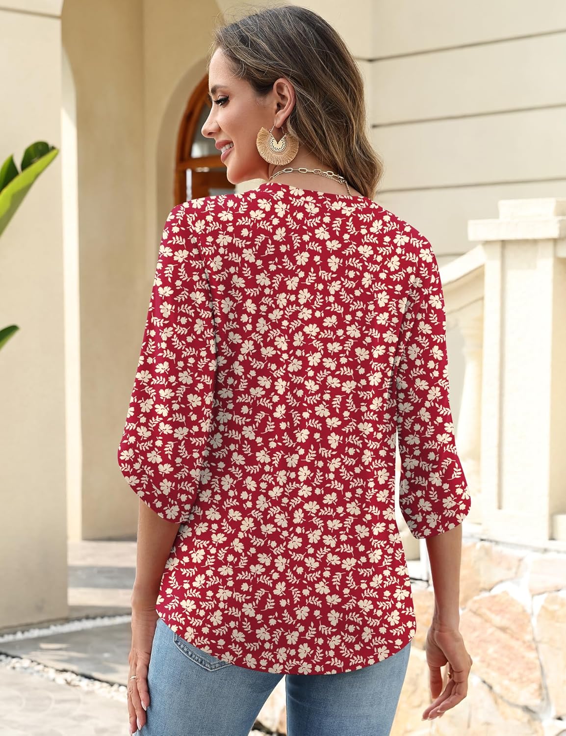 Kistore Womens 3/4 Length Sleeve Tunic Tops Casual V Neck Shirts Business Work Blouses Trendy Flowy Tees - Image 4