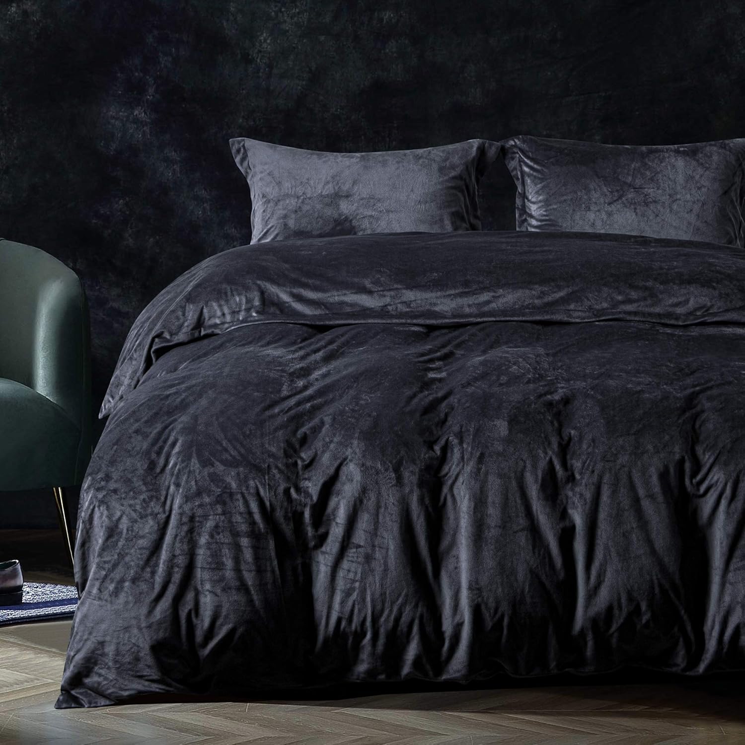 FLXXIE Velvet Duvet Cover Set, 3 Pieces Luxury Ultra Soft Zippered Flannel Comforter Cover Set, Navy Blue, Queen