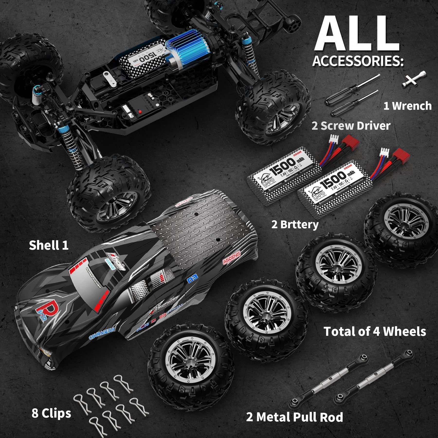 Hosim Auto telecomandata 1:10, 46+ km/h, RC Auto fuoristrada 4WD, impermeabile, Monster Truck per bambini e adulti, tempo di gioco 40+ minuti, auto da corsa All Terrain ad alta velocità, regalo a