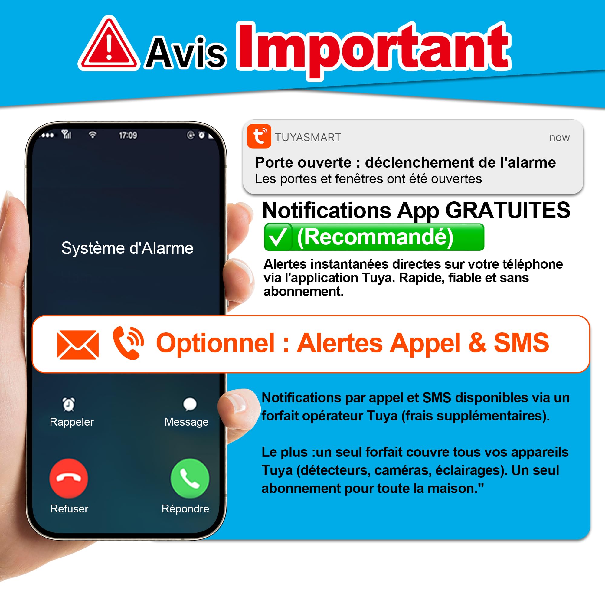 Système d'alarme WiFi 120 DB pour la sécurité de la Maison avec 4 détecteurs de Mouvement et télécommande pour abri de Jardin et Garage