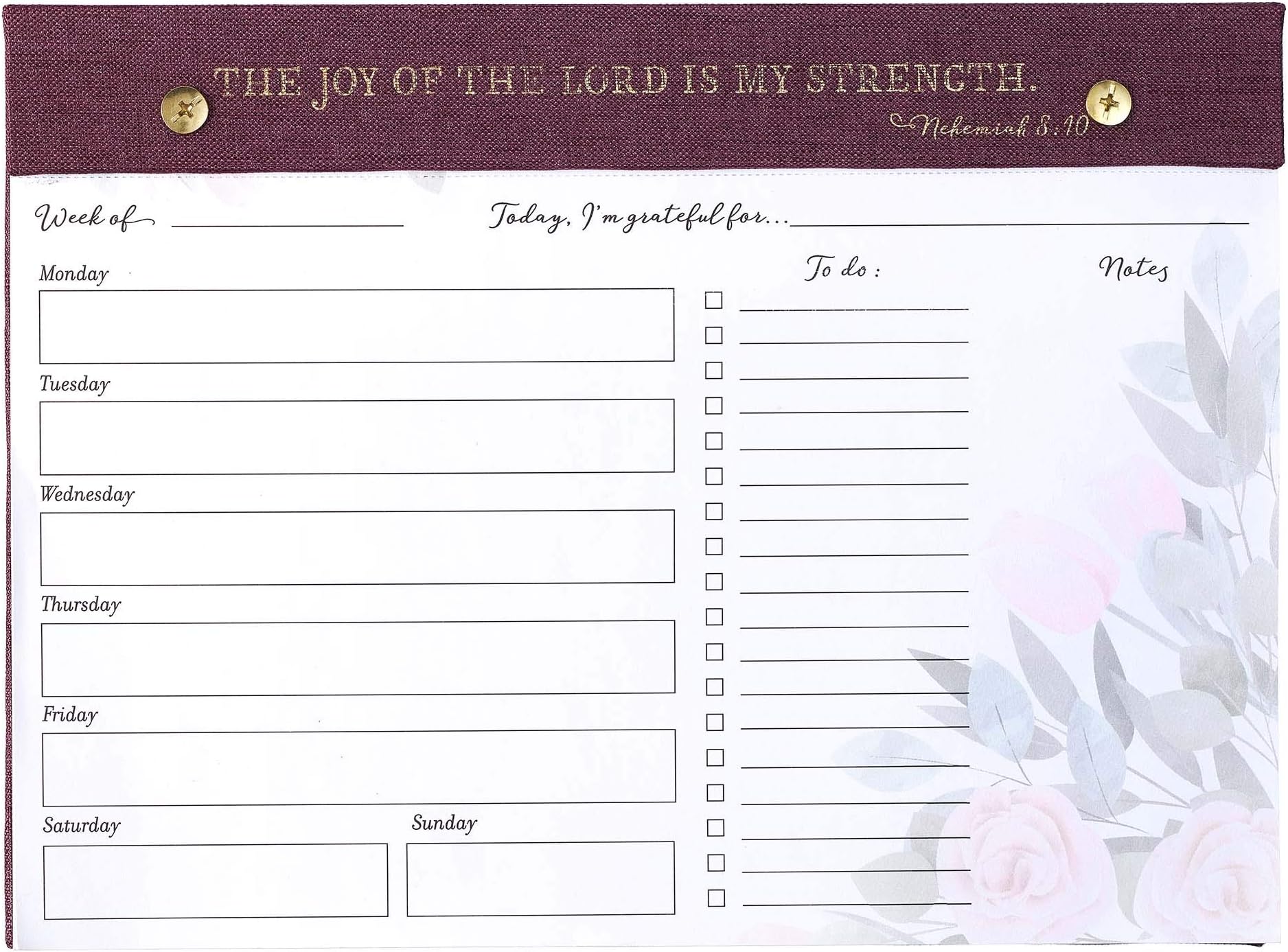 Christian Art Gifts Undated Weekly Desktop Planner, Joy of the Lord Nehemiah 8:10 Bible Verse, 60 Sheets, Burgundy Floral