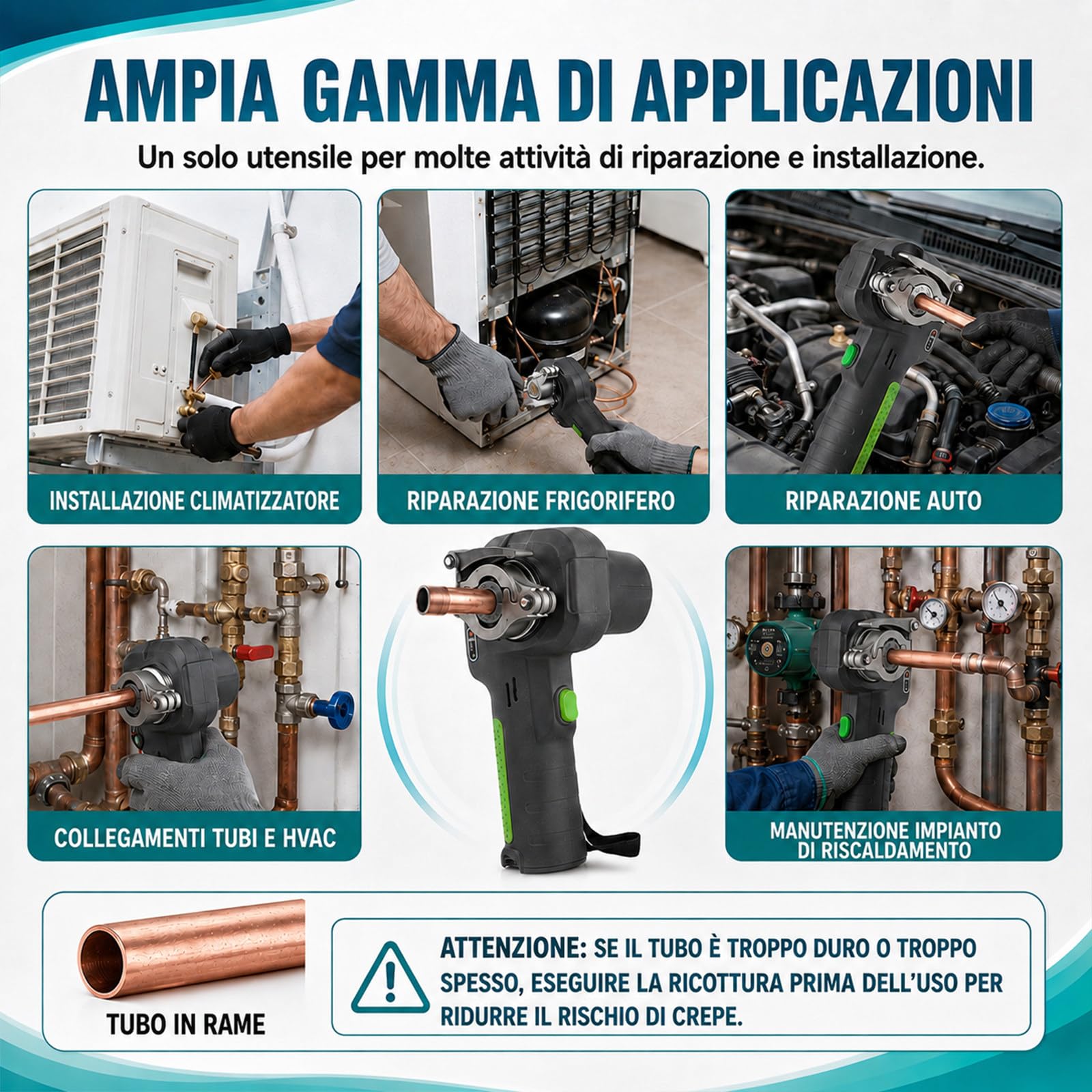 Kit Cartellatrice Tubi Rame, Elettrica 45°, 5 Misure