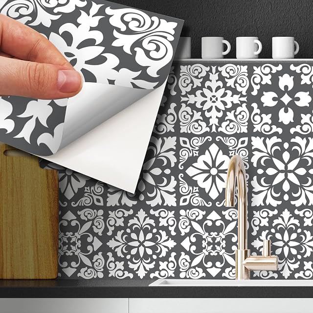 WALPLUS 15cm(6") 24 pcs Dark Grey Spanish Renaissance Wall Tile Stickers Removable Self-Adhesive Mural Vinyl Home DIY Bathroom Kitchen Gift Peel and Stick Decals Backsplash Tile Paint Stick On Tiles
