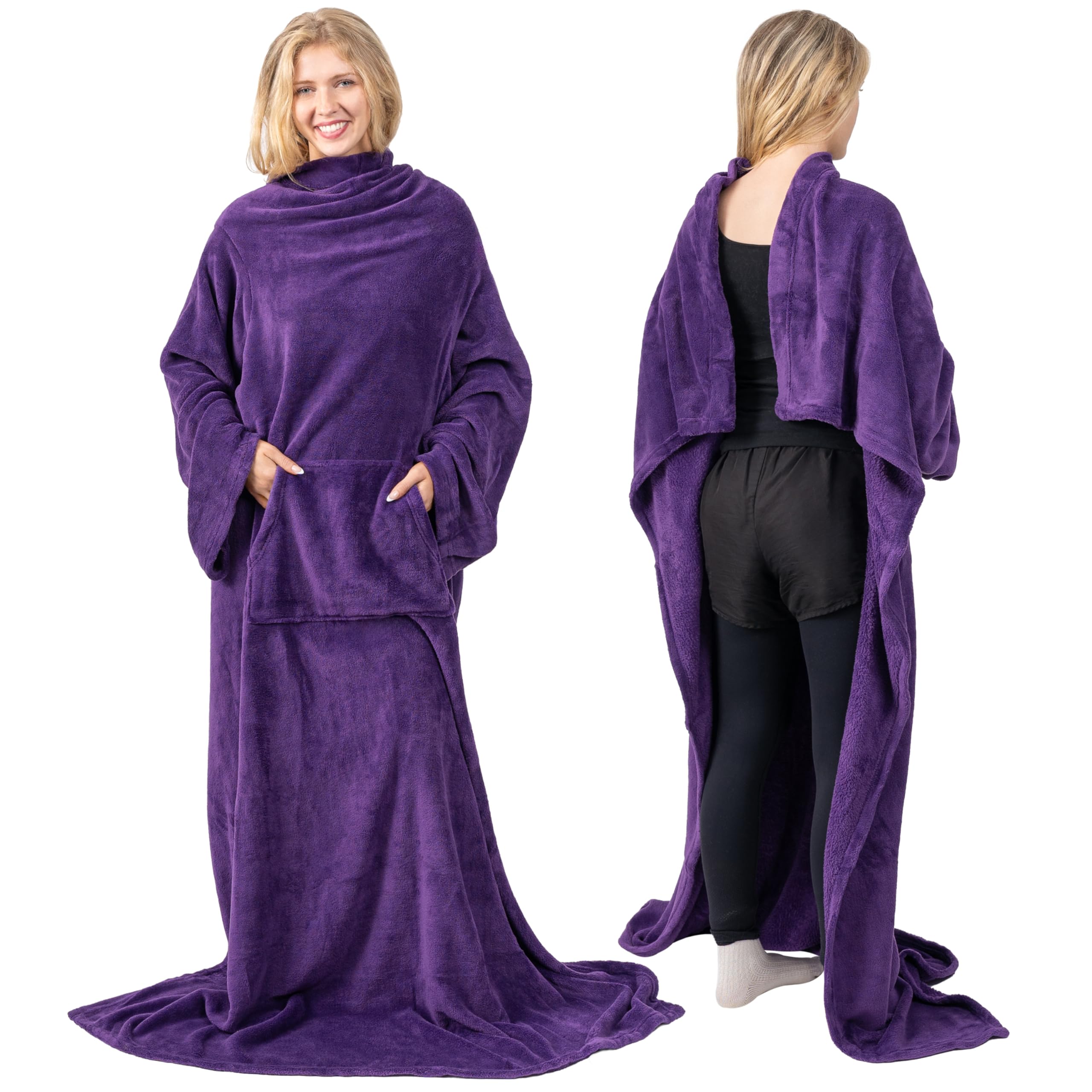 PAVILIA Blanket with Sleeves for Adult Women Men, Soft Warm Wearable Blanket Fleece Wrap Throw, Robe Blanket Gift, Violet Purple, Fleece