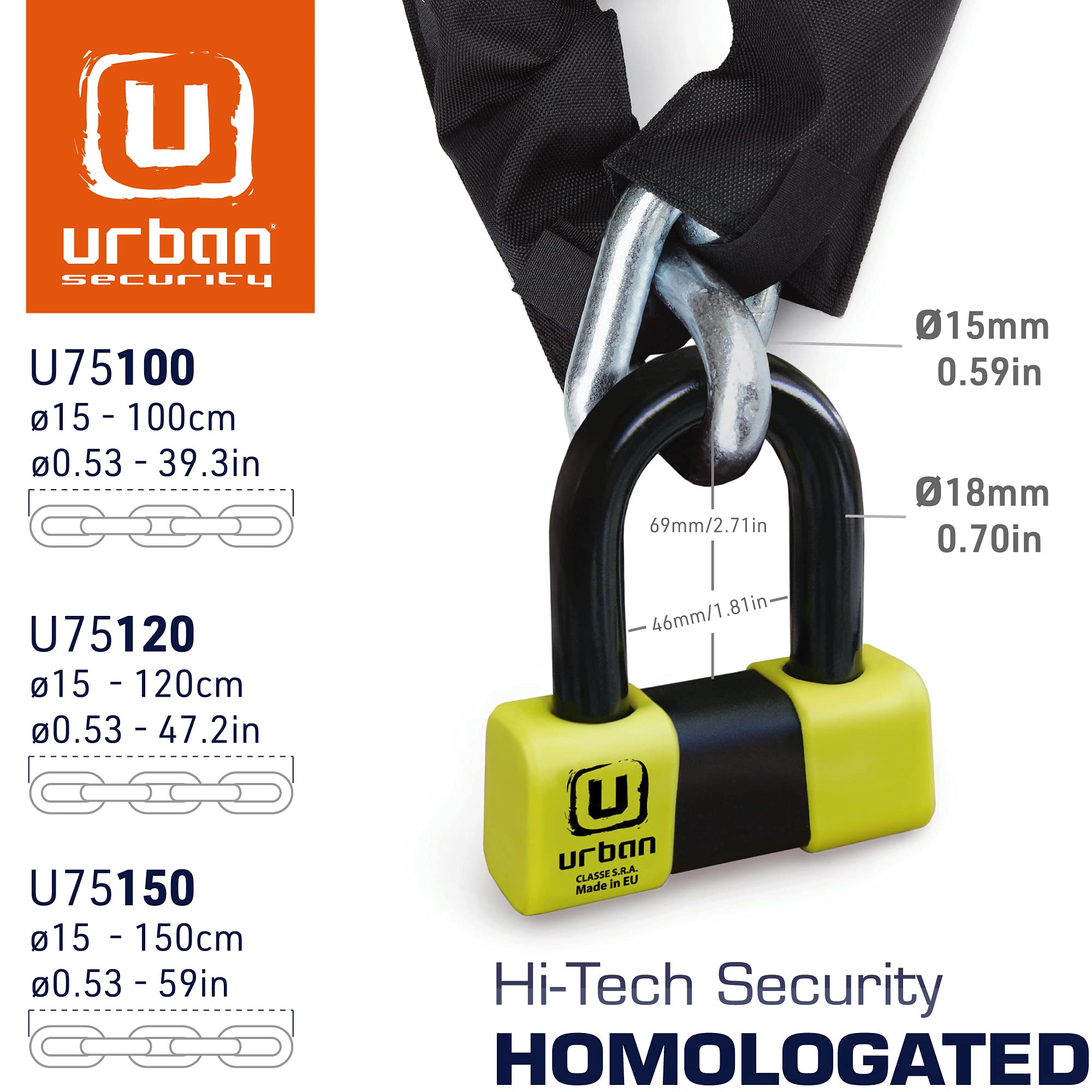 Urban Security U75100 Motorradschloss Kettenschloss, Hochsicherheit Level 20, Gehärtetem Stahl ø15, SRA Geprüfte, Hergestellt EU, 100 cm Baumarkt
