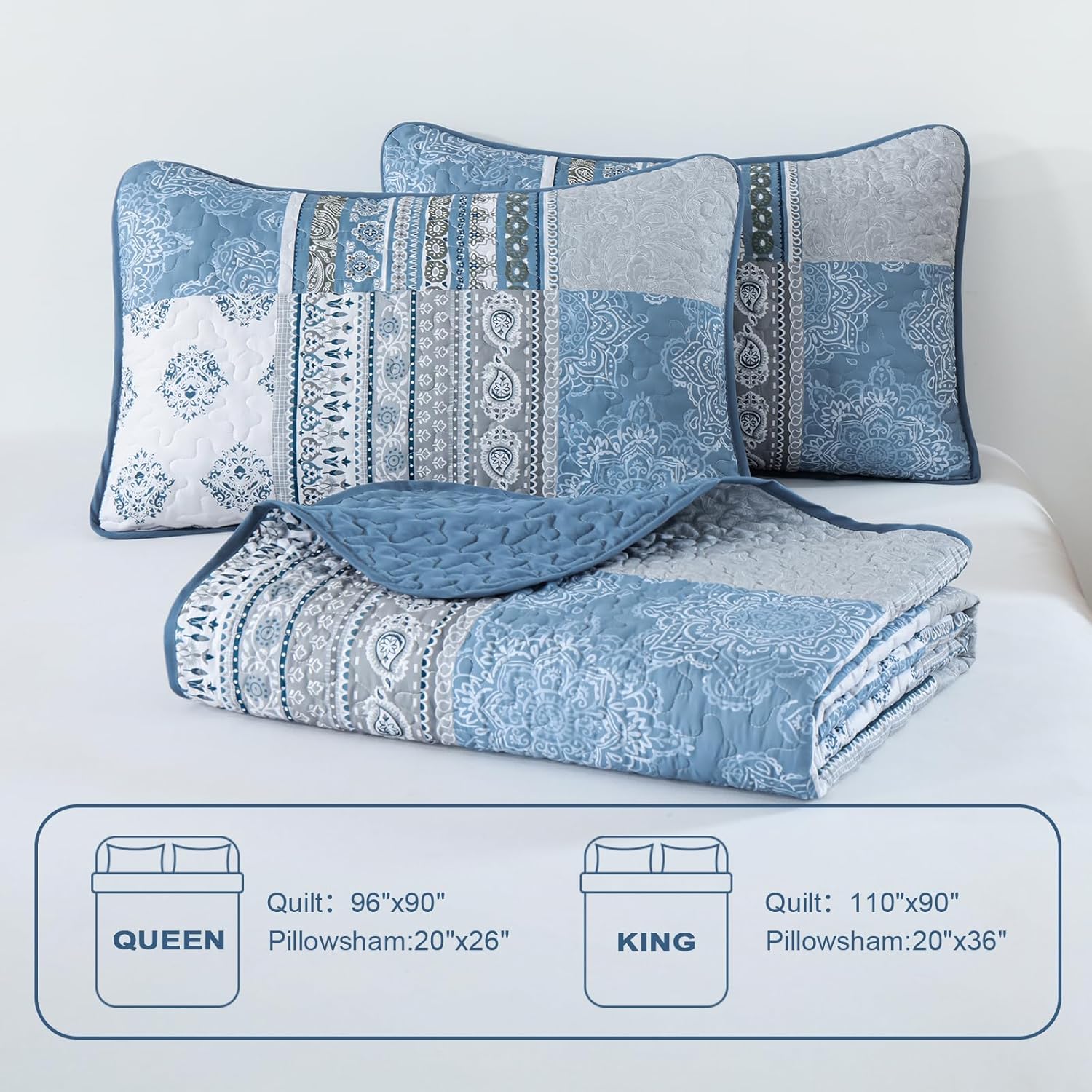 Dintszyayue Boho Quilt Set King Size Patchwork Bedspread Coverlets, Blue/Gray Bohemian Plaid Quilt Bedding Set Soft Microfiber Summer Bedding Bedspread Set, 110''x90''