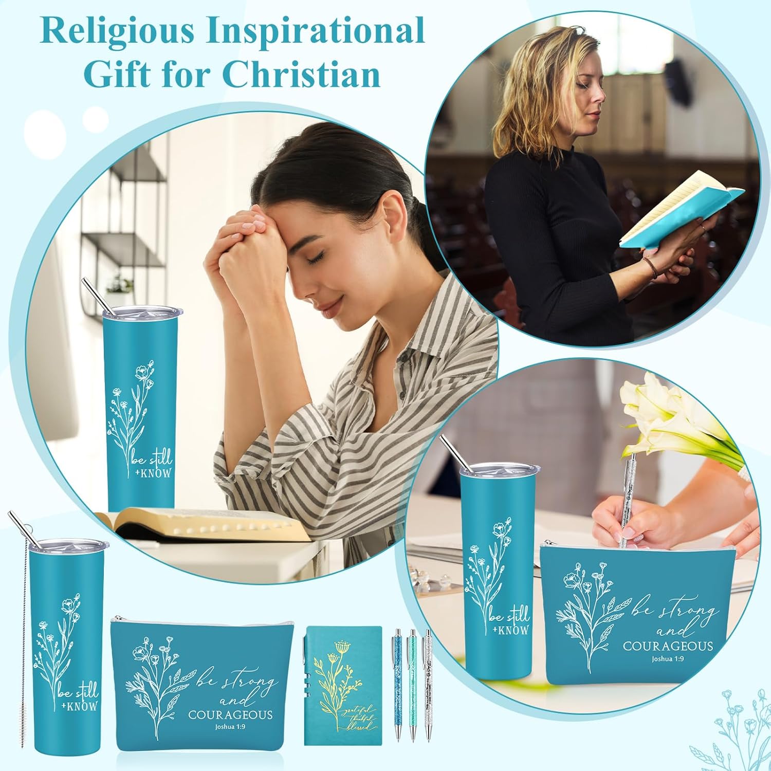 6 Pcs Christian Gift Set for Women Graduation Inspirational Religious Gift 20oz Tumbler Makeup Bag A6 Leather Journal Ballpoint Pens for Coworkers Staff Team Church Teacher Female(Lake Blue) - Image 6