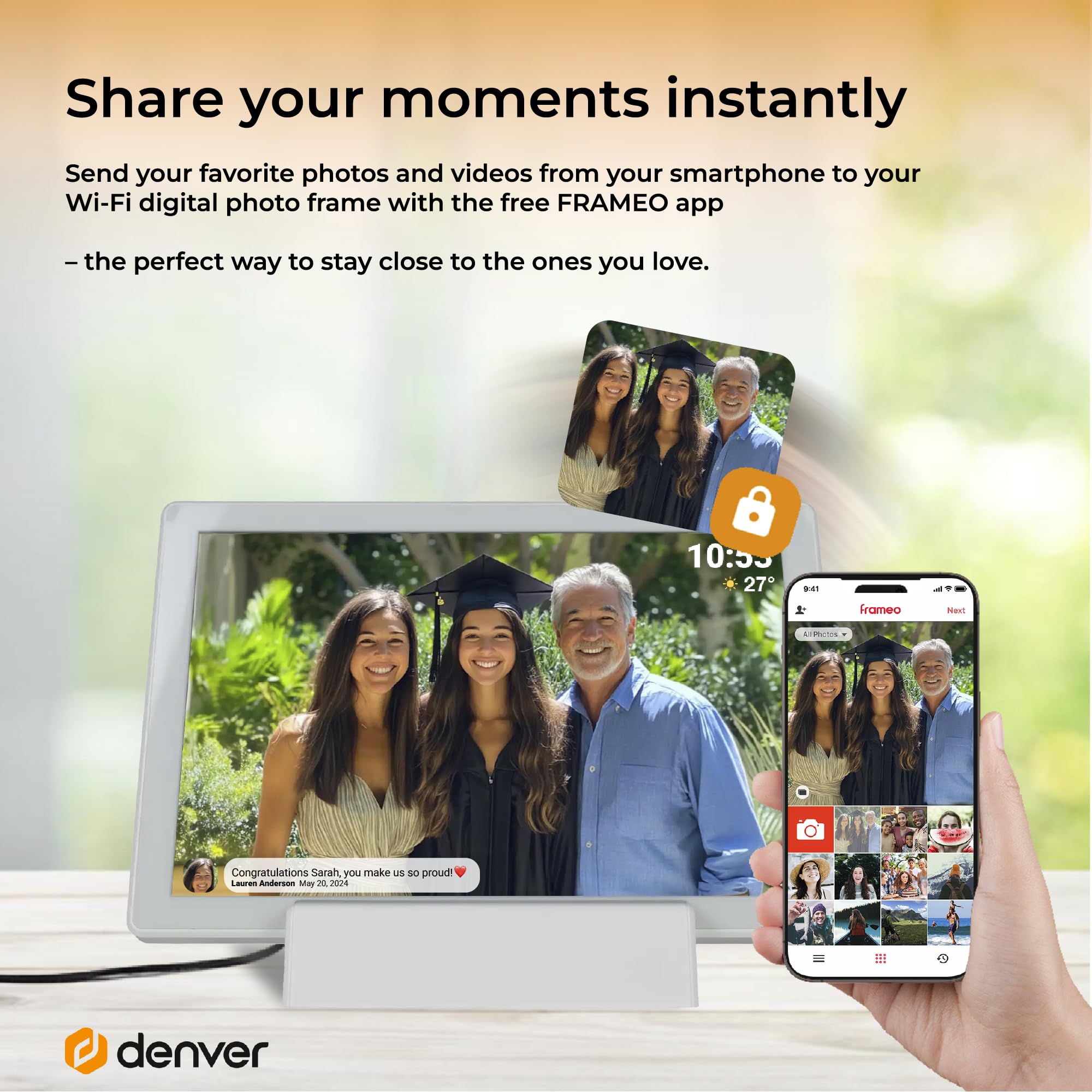 Denver PFF-1070W | cyfrowa ramka na zdjęcia Wi-Fi 10,1" z akumulatorem | ekran dotykowy HD IPS | aplikacja FRAMEO i pamięć 16 GB | biała