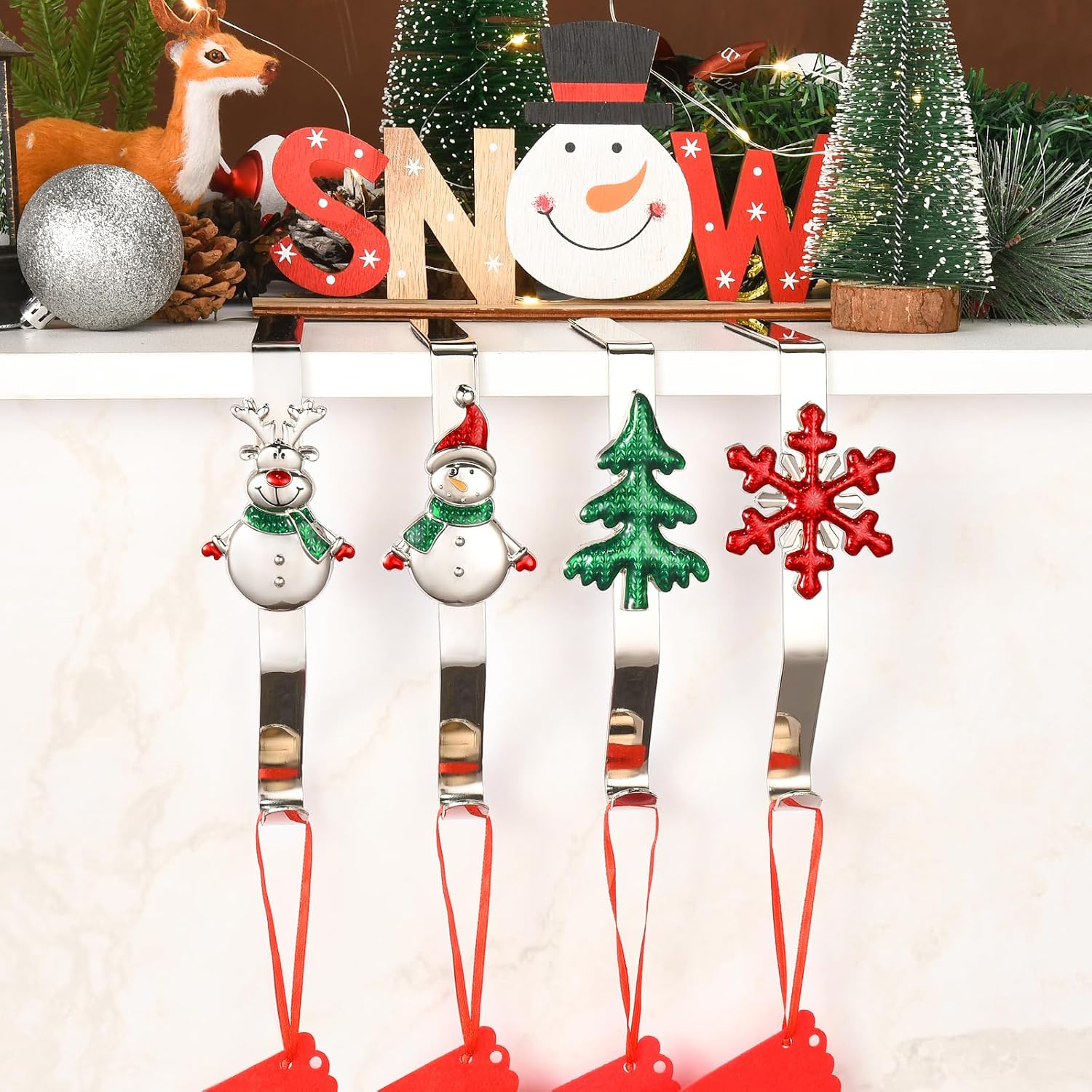 Christmas Stocking Holders for Mantle Set of 4, Weighted Stocking Hangers for Mantel Fireplace, Stocking Hooks for Xmas Decoration (Colorful)