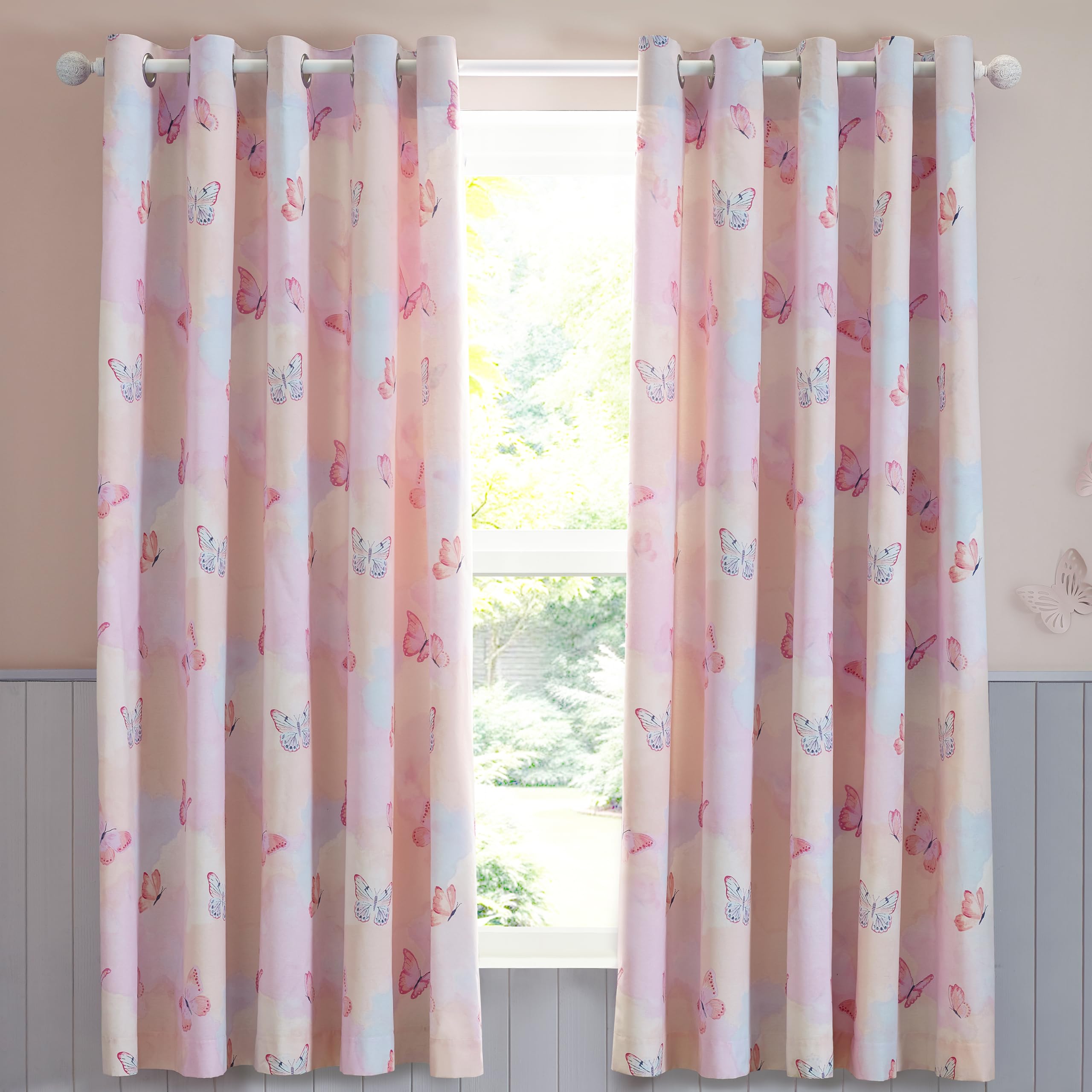 Catherine Lansfield Ombre Butterflies 66x72 Inch Eyelet Curtains Pink | Fully Reversible