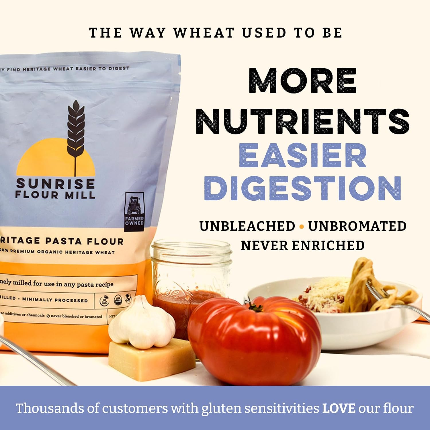 Sunrise Flour Mill USDA Organic Heritage Pasta Flour - 5 lbs | Milled from Hard Red Wheat | Easier to Digest with Less Bloating | No Bleaching or Bromating | Zero Additives