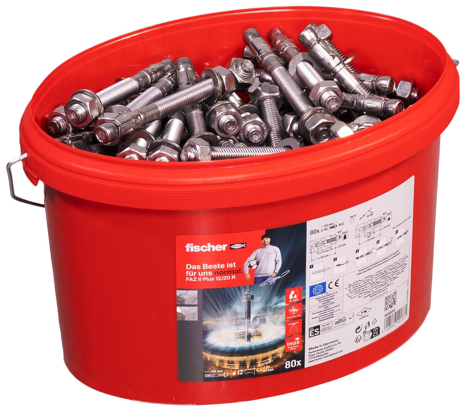 fischer FAZ II Plus 12/20 R Bolt Anchor in Bucket, Heavy Duty Anchor with High Load Capacity, Anchor Bolt for Fixings Heavy Loads and Steel Constructions, Stainless Steel, Seismic & ETA Approval