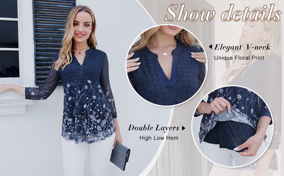 Anyally Women's Chiffon Blouse - V-Neck Petal Sleeve Tunic Top For Leggings (Royal Blue, 3XL)