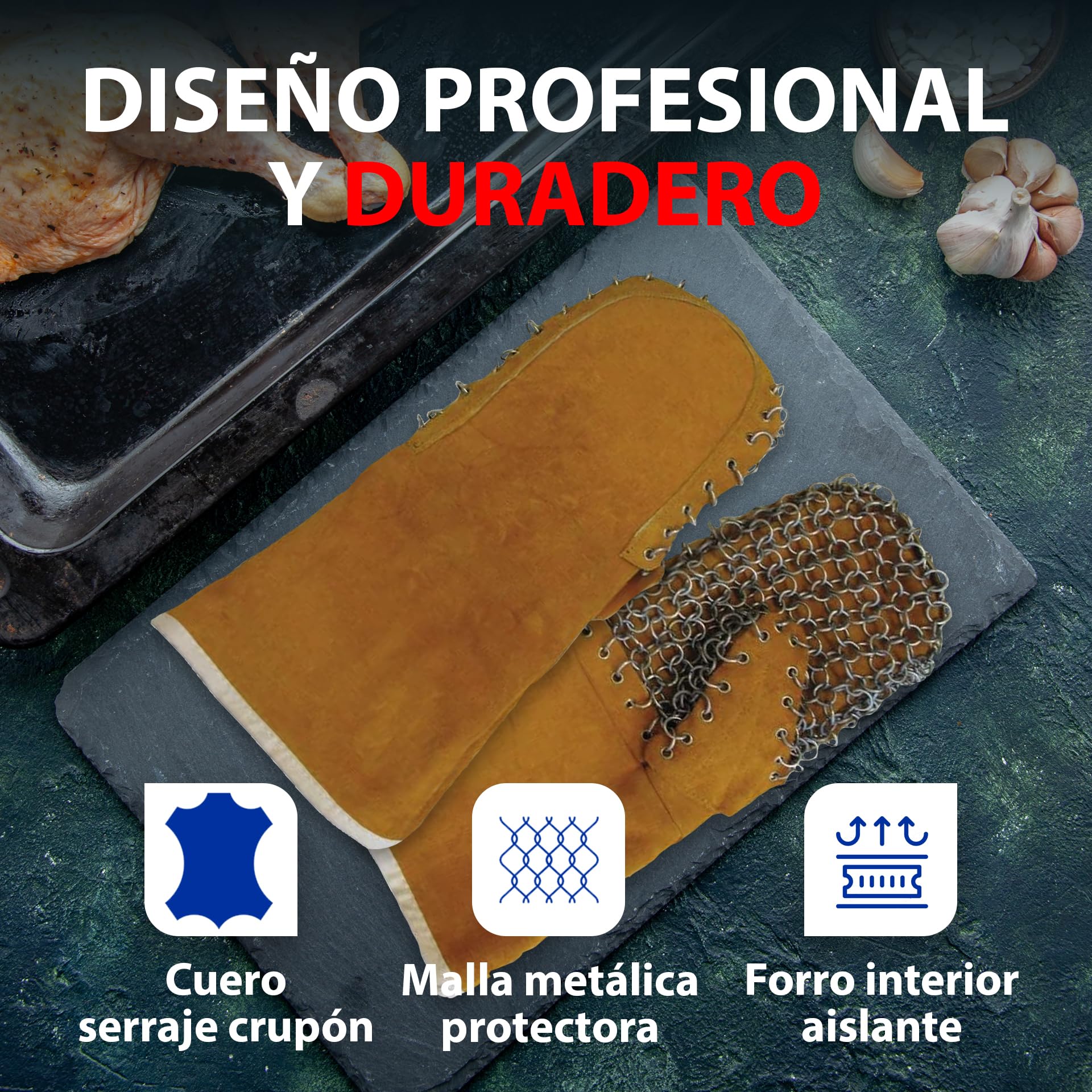 BALSAT Manoplas de Cuero con Serraje | para Horno de Cocina Profesional | Resistentes al Calor 500 °C | Manoplas para Barbacoa, Panadería y Cocina Industrial | Protección Térmica y Antideslizante